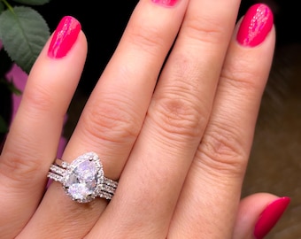 Pear Diamond Simulant Ring Set: Sterling Silver Teardrop Engagement Rings