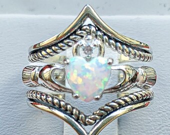 Opal Claddagh Ring Set: Sterling Silver Irish Promise Ring with LED Gift Box