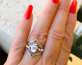 Diamond Heart Claddagh Ring Set: Sterling Silver Irish Engagement