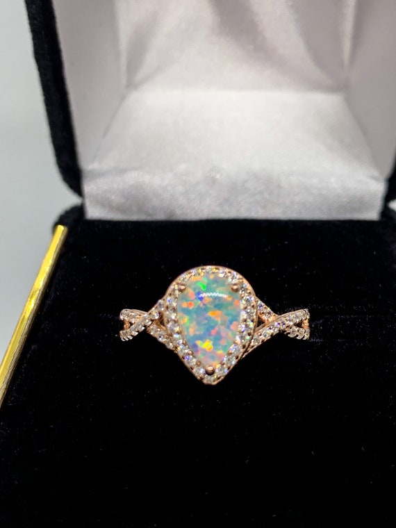 White Fire Opal Ring-Opal-Opal Ring-Halo Ring-Promise Ring-Engagement Ring,Rose gold ring, Birthday Gift-Lab Opal Ring Free Shippin
