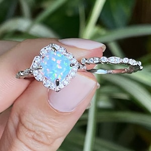 White Opal Ring-Opal Ring,Opal Rings Wedding Set-CZ Rings-Two Ring Engagement Set-Halo Ring-2 Ring Set-Cushion cut Ring-Promise Ring, image 1