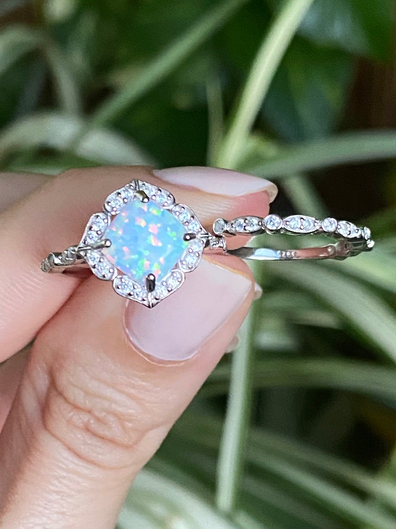 White Opal Ring-Opal Ring,Opal Rings Wedding Set-CZ Rings-Two Ring Engagement Set-Halo Ring-2 Ring Set-Cushion cut Ring-Promise Ring, image 1