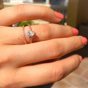 Rose Gold Rings-Petite Teardrop,Wedding set Art Deco Rings-Diamond CZ Rings Silver Halo Engagement Ring-CZ Teardrop Ring,Diamond engagement