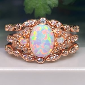 White opal engagement ring,Rose gold opal ring set,Opal wedding set,3 piece ring set, wedding rings, bridal ring set, rose gold ring,opal