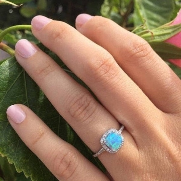 On Sale Now ON SALE NOW Opal Ring,Blue Opal Ring Or White opal ring-Promise Ring-Cz Engagement ring-Girlfriend  gift,Birthday gift,Halo ring