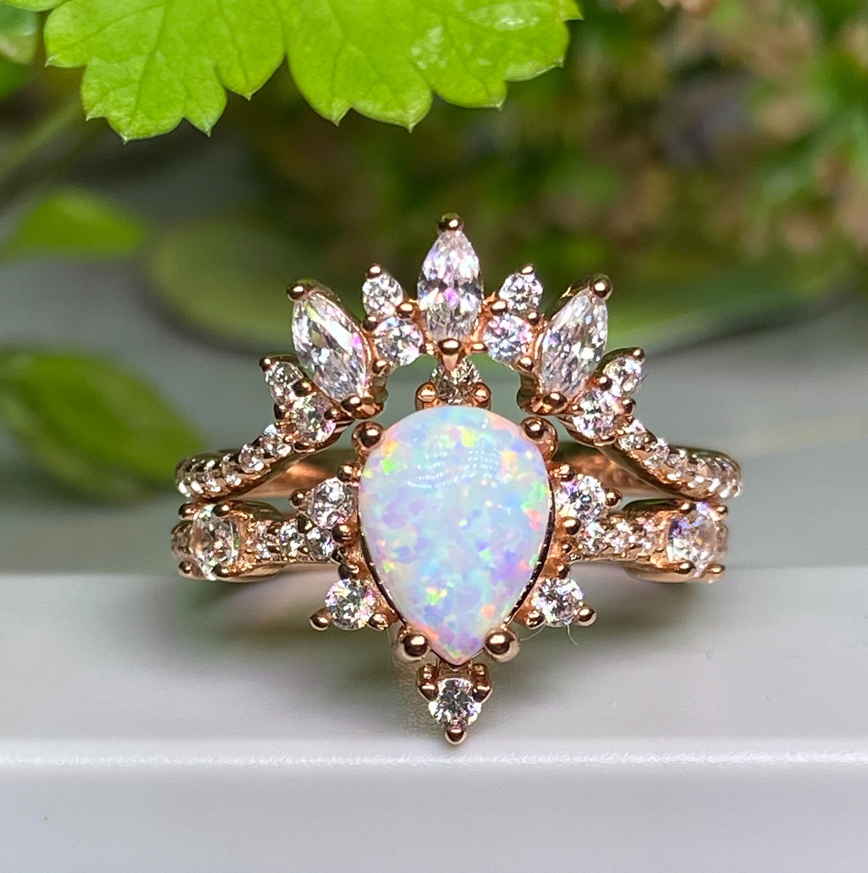 Rose Gold Opal Ring Set: Teardrop CZ Art Deco Wedding Rings  display picture 1