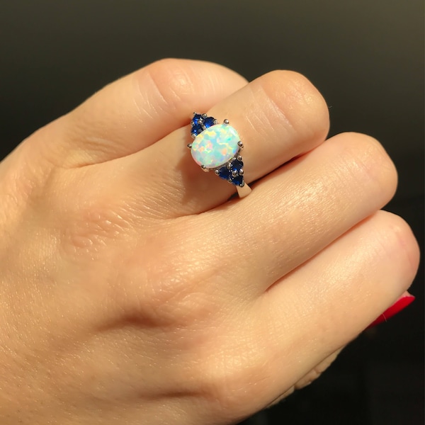 Opal Ring,Sapphire ring-White Opal Ring,Sapphire and Opal-Promise Ring,Oval Ring,Prong set ring,Xmas Ring-Opal Birthday Gift,