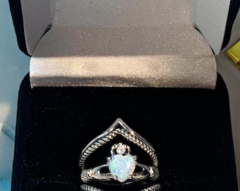 Opal Claddagh Ring Set: Sterling Silver Irish Promise Ring, LED Gift Box