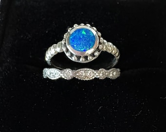 Sterling Silver Blue Opal Ring Set – Two Rings with Cubic Zirconia – Elegant Stacking Rings – Gift for Her Xmas Gift set Promise ring