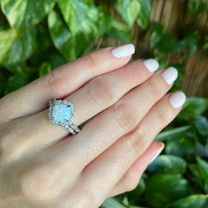 White Opal Ring-Opal Ring,Opal Rings Wedding Set-CZ Rings-Two Ring Engagement Set-Halo Ring-2 Ring Set-Cushion cut Ring-Promise Ring, image 4