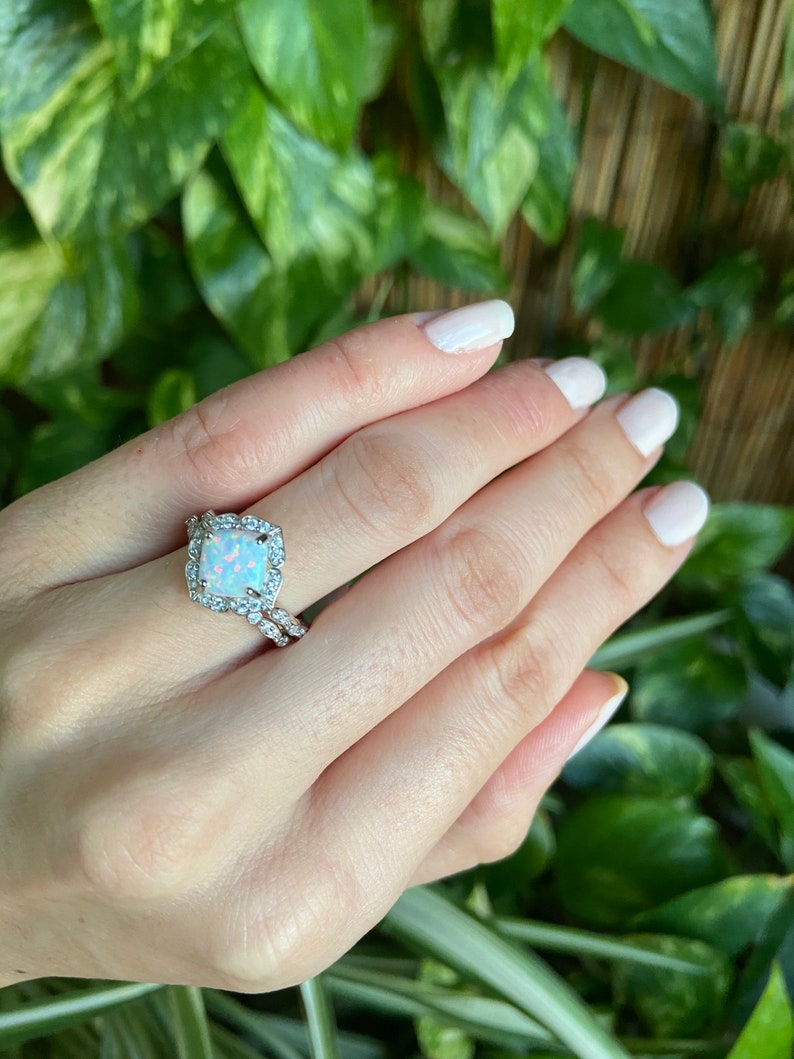 White Opal Ring-Opal Ring,Opal Rings Wedding Set-CZ Rings-Two Ring Engagement Set-Halo Ring-2 Ring Set-Cushion cut Ring-Promise Ring, image 4