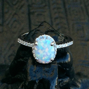 White Fire Opal Ring-Opal-Opal Ring-Halo Ring-Promise Ring-Engagement Ring-Silver Opal Ring-CZ Opal Birthday Gift-Lab Opal Ring image 1