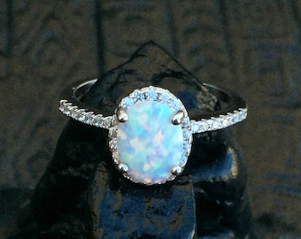 Oval Opal Ring: Sterling Silver CZ Halo, Promise Ring