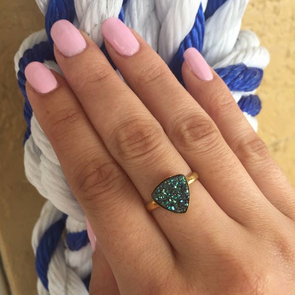 Size 6- Druzy Ring-Sparkling Blue Green Druzy Ring-Drusy Ring-24k Gold Plate Druzy Ring-Blue Druzy Ring- Green Drusy ring-Statement Ring