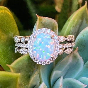 Oval Opal Engagement Ring Set: White Fire Opal, Sterling Silver, CZ Halo