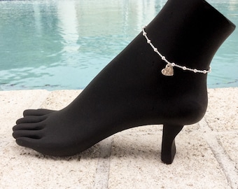 Heart Anklet-Sterling Silver Ankle Bracelet-Hammered heart Anklet-Beaded Adjustable Anklet-Beach Anklet-Sexy Anklet-girlfriend gift