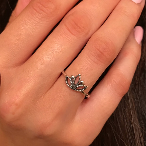 Oxidized Sterling Silver Lotus Ring: Handmade Dainty Jewelry