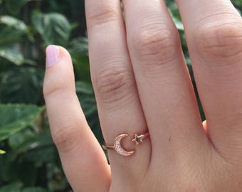 CZ Moon & Star Ring: Dainty 18k Rose Gold Sterling Silver