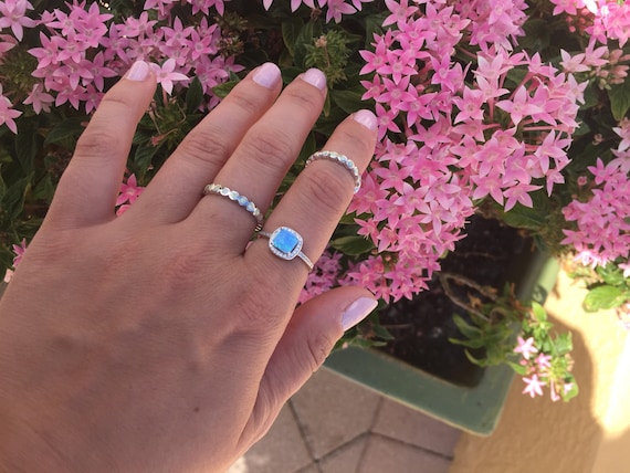 Halo Sterling Silver Opal Ring: Simulated Diamond Promise Ring