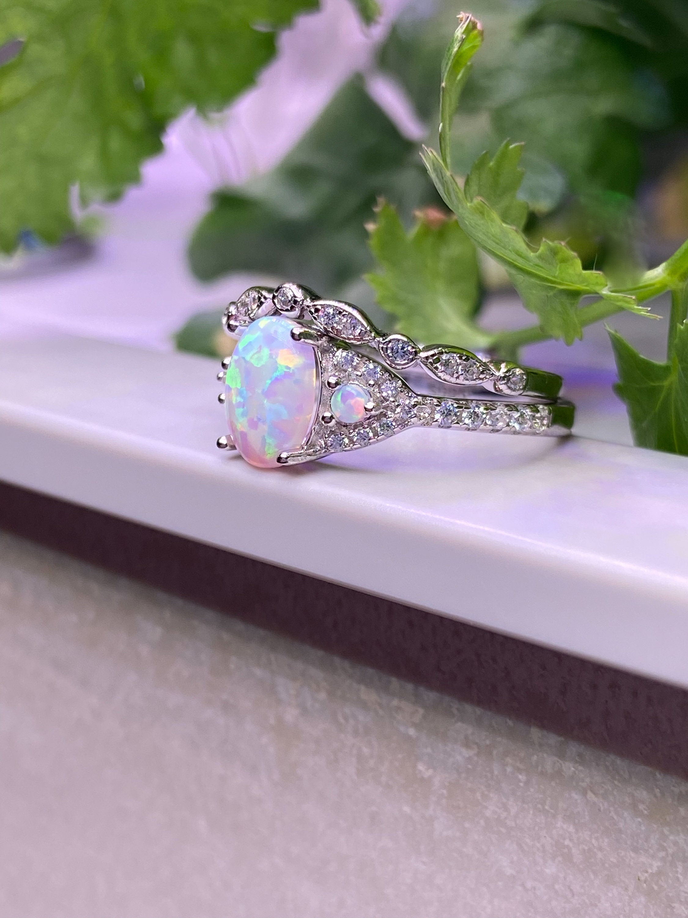 Opal Engagement Ring silver Opal Rings opal Wedding Ring Set opal