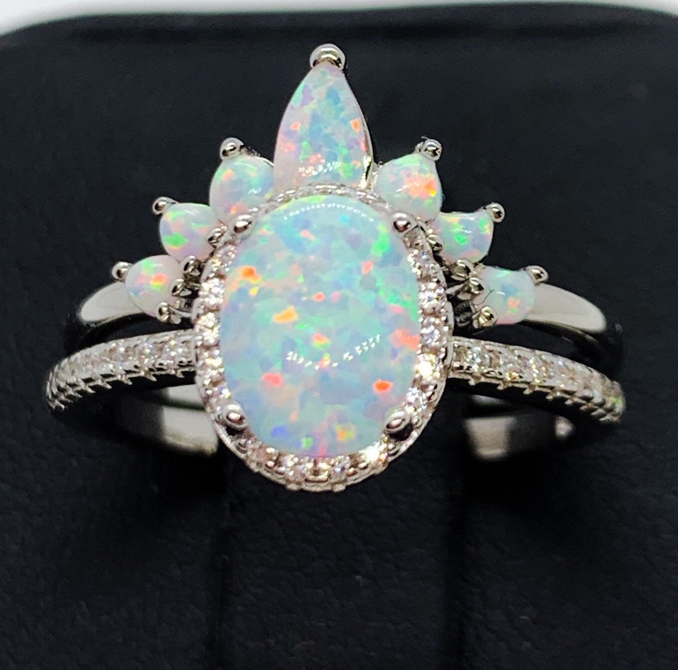 White Opal Ringopal Ringopal Rings Wedding Setcz Ringstwo Etsy