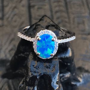 Blue Fire Opal Ring-Opal Ring-Promise Ring-Engagement Ring- Silver-CZ ring-Birthday Gift-Opal Ring-
