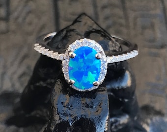Blue Fire Opal Ring-Opal Ring-Promise Ring-Engagement Ring- Silver-CZ ring-Birthday Gift-Opal Ring-