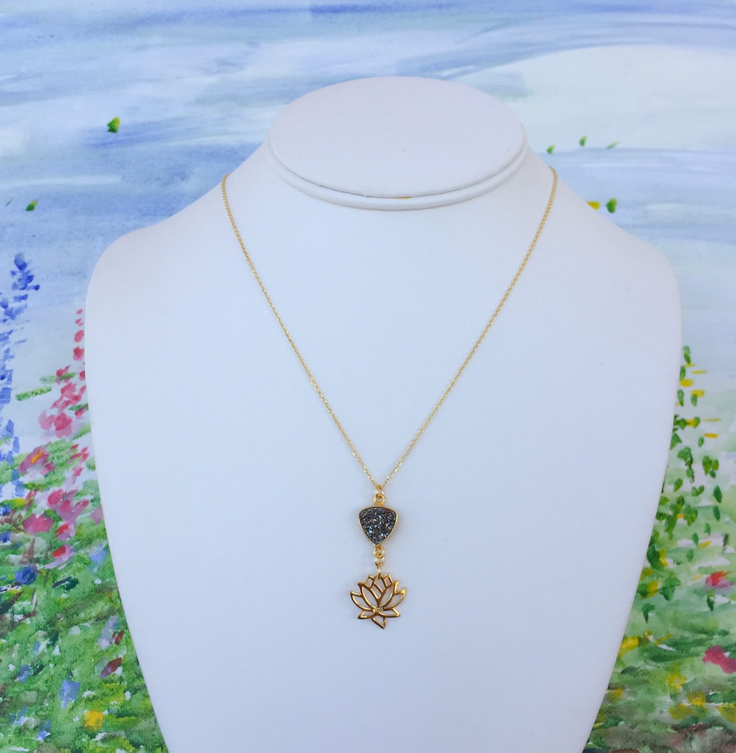 Druzy and Gold Lotus Necklace-silver Druzy-gold Lotus Flower
