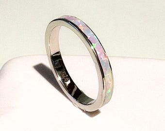 Sterling Silver Simulated Opal Eternity Band Ring - LED Gift Box