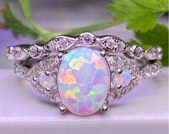 Ensemble de bagues de fiançailles en argent sterling avec opale blanche : alliances CZ