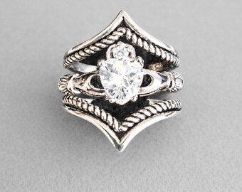 Diamond Heart Claddagh Ring Set: Sterling Silver Irish Engagement Rings