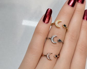 Moon and star ring,CZ Ring-Dainty Stacking Ring-Sterling Ring-Moon Star Band,Adjustable ring,Promise ring