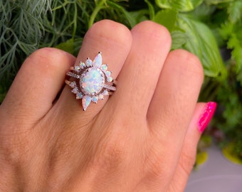 White Fire Opal Engagement Ring Set, Sterling Silver Crown Bands