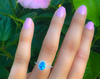Blue Opal Ring-Opal Ring-Promise Ring-Engagement Ring- Silver-CZ ring-Birthday Gift
