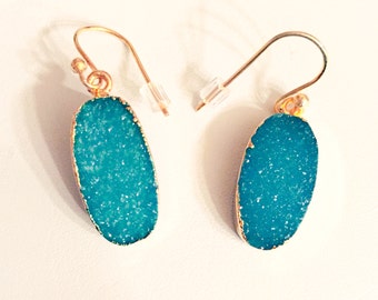 Blue Druzy Earrings-Blue Druzy Jewelry-Druzy Earrings-Blue Sparkly Earrings-Aqua Blue Druzy- Turquoise Druzy Earrings-Gold and Blue Earrings