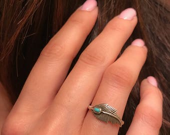 Turquoise leaf Ring-Feather Ring-Turquoise and-Silver-Turquoise Ring-Sterling Silver Ring-Promise ring -Girlfriend -feather and turquoise