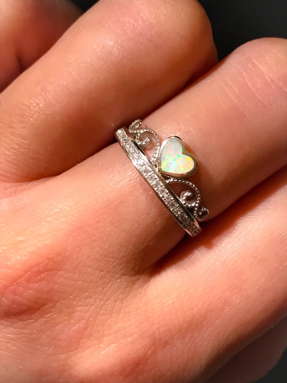 Opal Ringheart Ringwhite Opal Ringopal Heartsterling Etsy