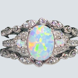 Oval White Fire Opal Engagement Ring Set: Sterling Silver CZ Halo