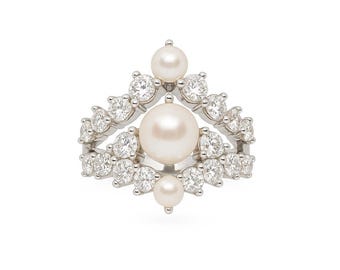 Pearl Engagement Ring Set: Sterling Silver, Gifts for wife Genuine pearl