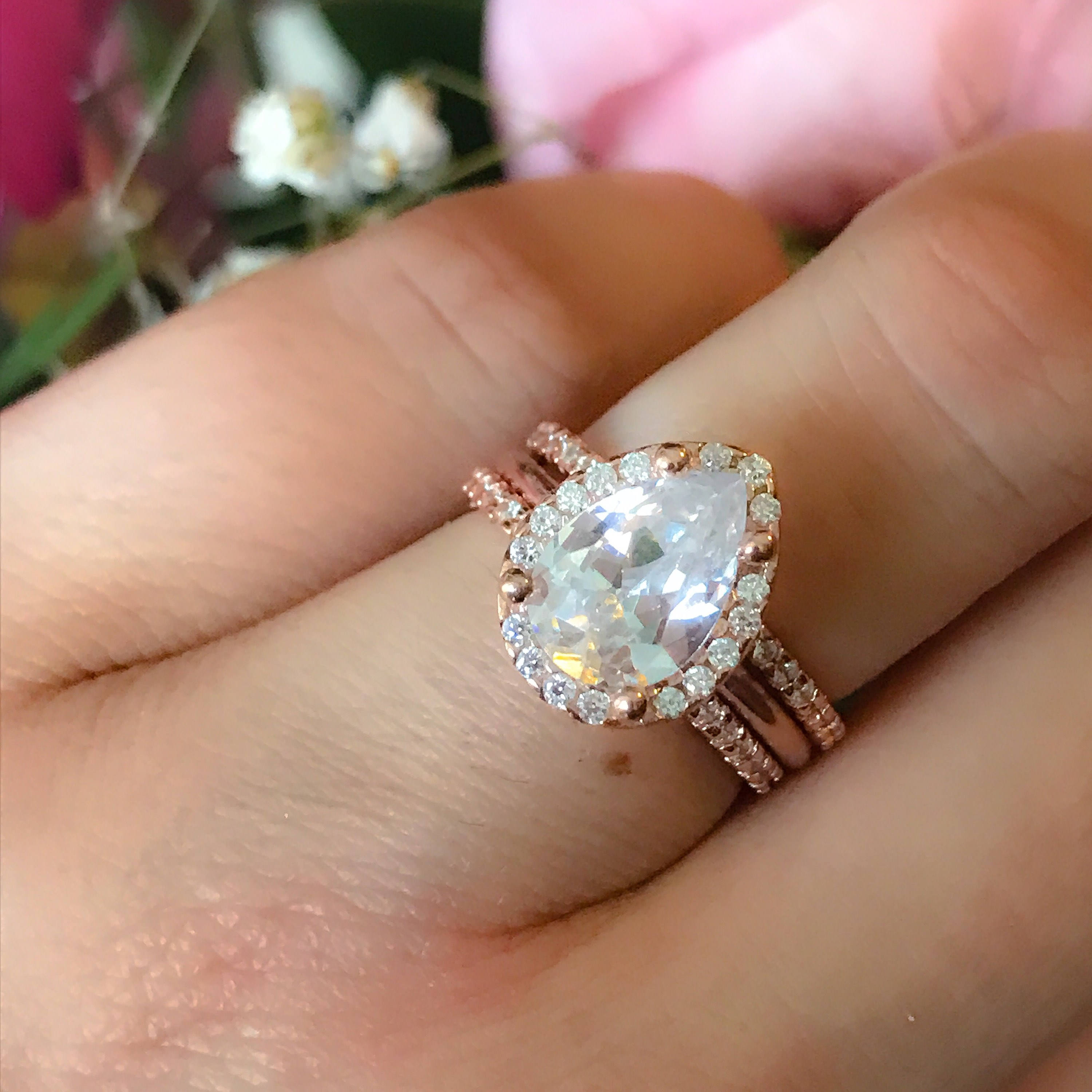 Rose Gold  Engagement ring  large teardrop  Wedding  Set Pear 