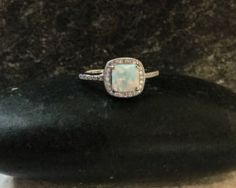 Blue Opal Ring: Sterling Silver Halo CZ Promise Ring