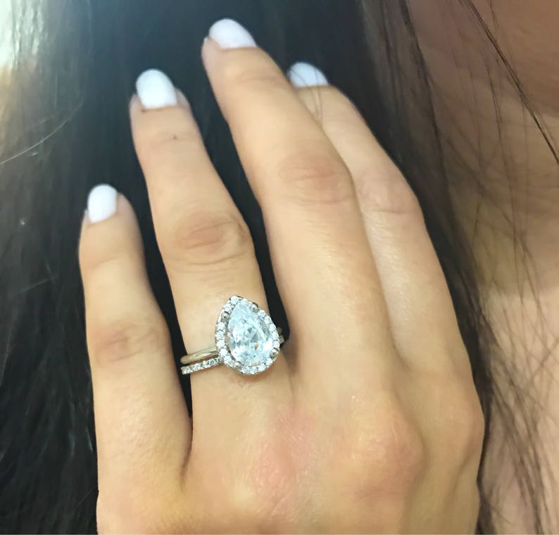 Teardrop Wedding Setwedding Ringslarge Teardrop Ringpear Etsy