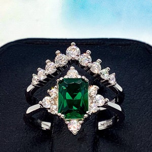 Emerald engagement ring,Vintage wedding ring set,Two piece wedding ring,Emerald Simulate ring, 925 Sterling silver promise ring bridal ring