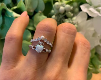 Opal Claddagh Ring Set: Sterling Silver Heart, Crown Band, LED Gift Box