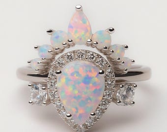 Pear White Opal Sterling Silver Engagement Ring Set