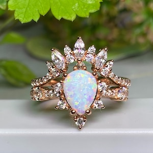 Rose Gold Rings,Opal rose gold ,Wedding set Art Deco Rings-Diamond CZ Rings Opal Engagement Rings,Opal Teardrop Ring,Diamond engagement set