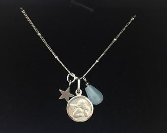 Angel Necklace-Guardian Angel Necklace-Angel Jewelry-Sterling Silver Angel-Aquamarine Stone-Tiny Silver Star-Gifts for Mom, Sister, Wife