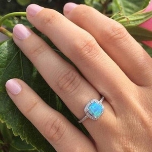 Blue Opal Ring: Sterling Silver Halo CZ Promise Ring