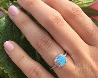 Blue Opal Ring: Sterling Silver Halo CZ Promise Ring