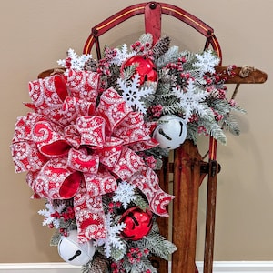 Christmas Sled, Holiday Sled, Vintage Sled, Decorated Sled, Petite Sled, Antique Sled,  Wood Sled with Jingle Bells, Berries and Snowflakes